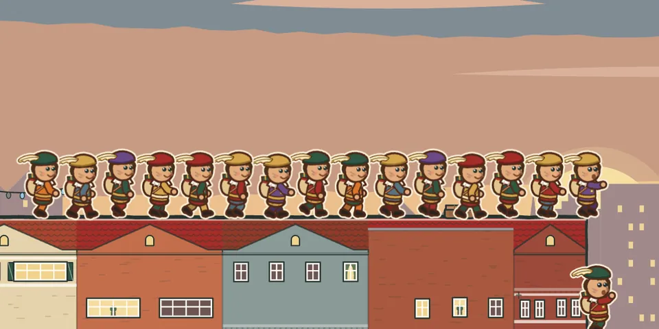 Een lange rij Pieten loopt over de daken, één Piet valt net over de rand